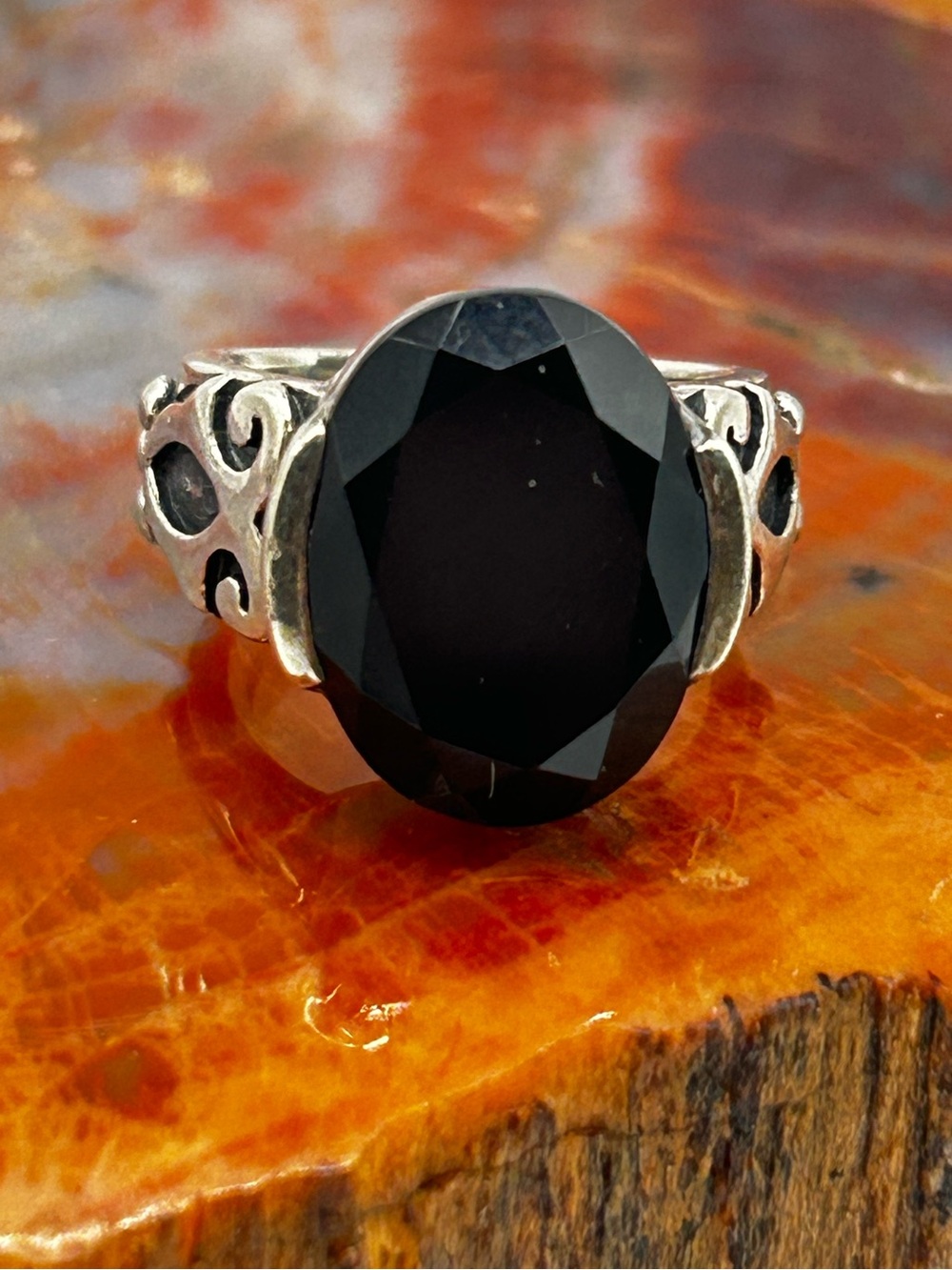 Vintage Sterling Silver Ring with Faceted Black Onyx - Size 5